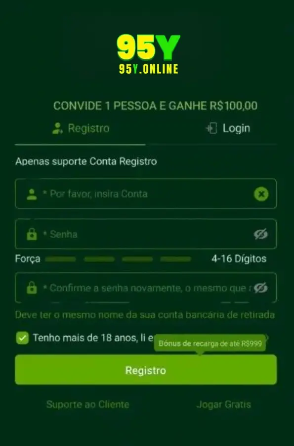 Tela de registro do 95Y cassino